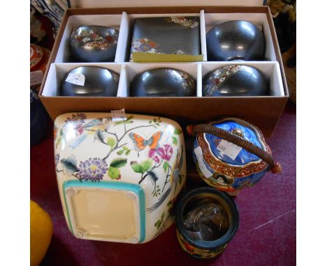 A modern boxed Oriental blue and white porcelain bowl and a modern boxed Oriental bowl and saucer set - sold with a ceramic b
