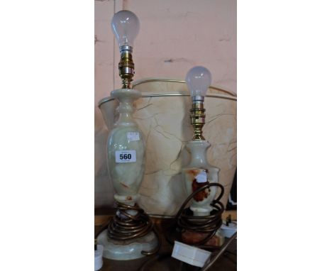 A vintage onyx table lamp and shade - sold with a smaller similar