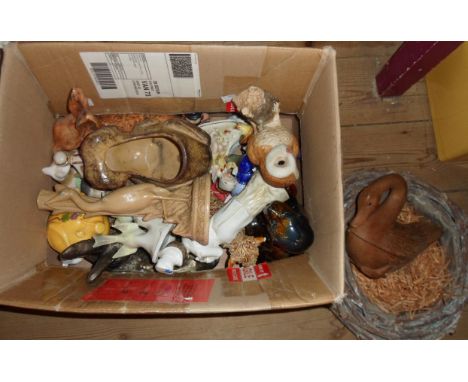 A box containing a quantity of ceramic and other collectable figurines including Plichta Pig, etc.