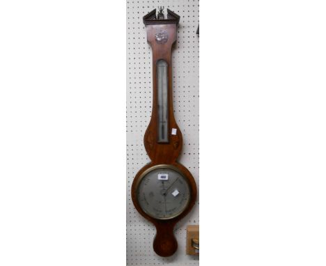 A 19th Century inlaid mahogany banjo barometer/thermometer with shell motifs, the silvered dial marked for P. Caminada, Taunt