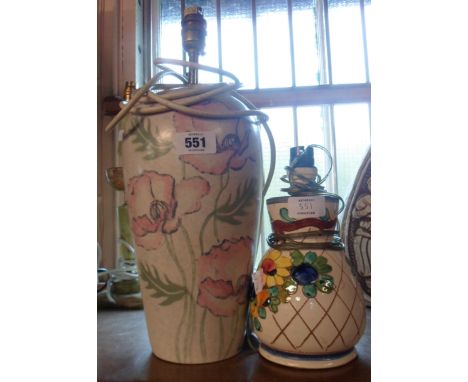 A pottery table lamp with hand painted and stenciled poppies decoration - sold with a smaller Italian ceramic lamp