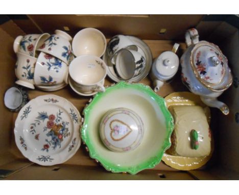 A box containing assorted ceramic items including Carltonware Registered Australian Design cheese dish, 19th Century bat prin