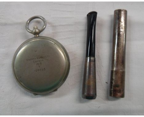 A WWI period 1916 Short &amp; Mason silver plated cased fob compass with broad arrow - No. 109853 - sold with a silver stick 