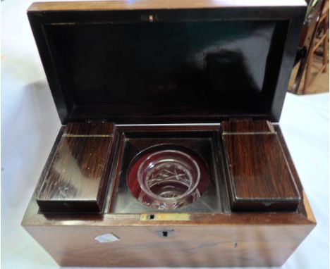 A Victorian rosewood veneered sarcophagus tea caddy with original tea cannisters and replacement (preserve pot) liner