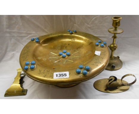 A Victorian brass Aesthetic Movement comport with chaste floral decoration and inset turquoise cabochon - sold with a similar