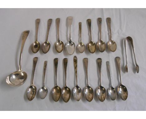 A selection of mainly early 20th Century silver teaspoons - sold with a silver ladle and pair of sugar tongs