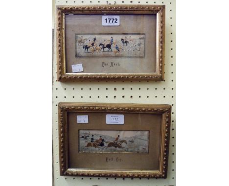 A pair of small gilt framed Stephengraph machine silk hunting pictures, The Meet and Full Cry