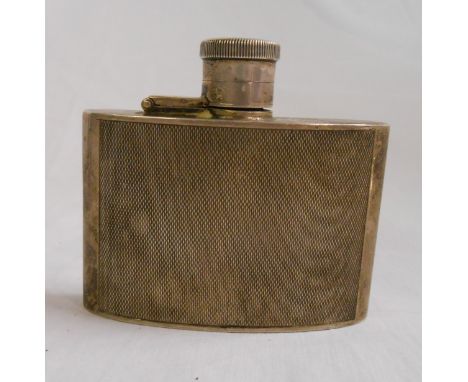 A silver flip-top hip flask of curved form with engine turned decoration