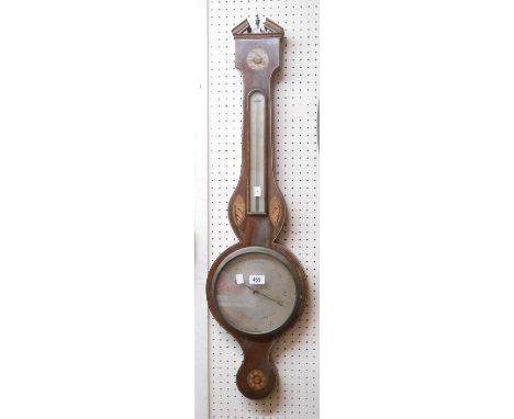 A 19th Century inlaid mahogany banjo barometer/thermometer with silvered dial marked for J. Knight, with mercury works - vene