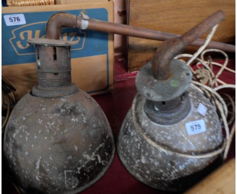 Two vintage holophane lamps, the shades encased in original metal housing with original fittings to top - each case marked wi