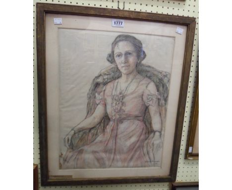 Edith Hughes: a gilt framed coloured chalk sketch portrait of Lady Allardyce - signed and with attached note - 48cm X 38cm