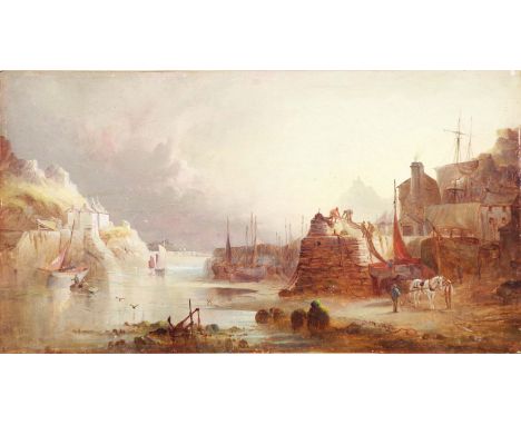 William Gibbons: an oil sketch on paper spray mounted on later hardboard, depicting a harbour inlet with horse and cart in fo