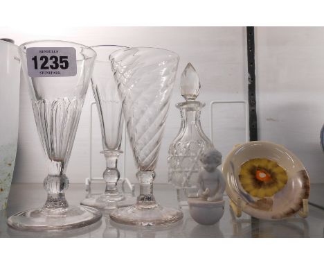 An early 19th Century petal-moulded dwarf ale glass, a similar wrythen example and a small similar Wellington flute - sold wi