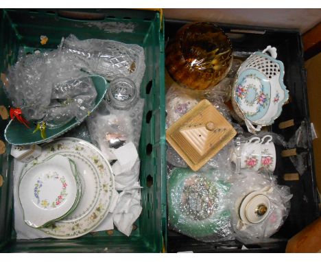 Two crates containing a quantity of ceramics and glassware including Royal Worcester trinket box, Price Bros. butter dish, De