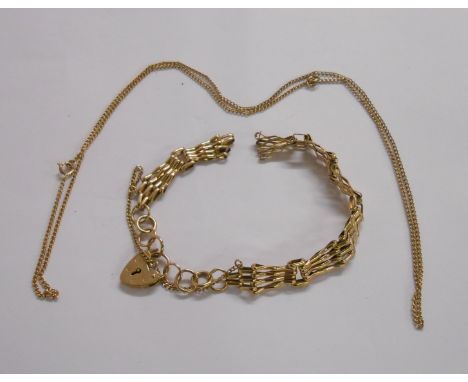 A broken (375) 9ct. gold gate-link bracelet with heart shaped padlock and safety chain - sold with a marked 9ct neck chain