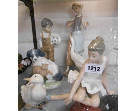 A Lladro figurine depicting a girl feeding a goose - sold with four Nao figurines