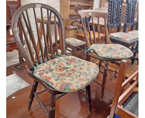 Three matching late Victorian oak framed swept spindle back standard chairs - sold with a hoop stick back chair - various con