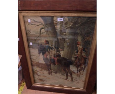 A late Victorian oak framed large coloured print, depicting cavalry horsemen in a winter woodland