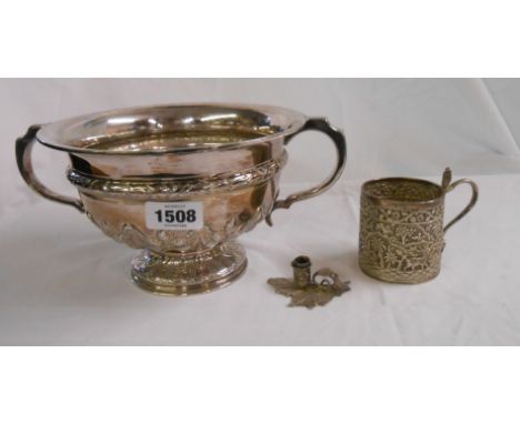 A small silver taper candlestick - sold with a white metal Anglo Indian mug (dents) and a Walker &amp; Hall silver plated ped