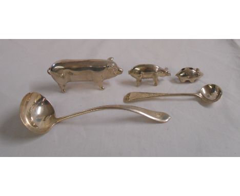 A small heavy cast 925 silver pig ornament, two others, Birks Sterling small ladle and English silver mustard spoon