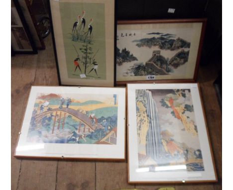 A pair of Japanese woodblock reprints - sold with a Chinese reprint and an Ethnic figure group print