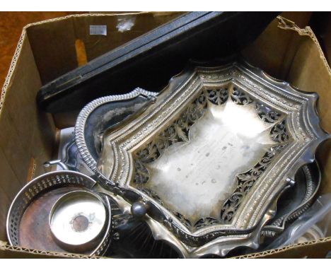 A box containing a quantity of silver plated item including cake baskets, wine coasters and a cased Victorian carving set, al