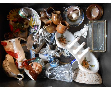 A small box containing a quantity of assorted ceramic and other collectable items including Doulton Lambeth miniature harvest