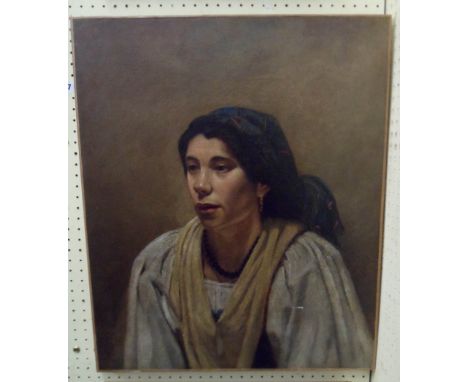 An unframed relined oil on canvas portrait of a continental lady - 61cm X 50cm - small scuff