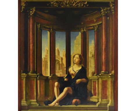 Paul R. WorkmanItalianate Interior with Seated Female Figure, Architectural Vista Beyondsigned to verso, oil on canvas, 105cm