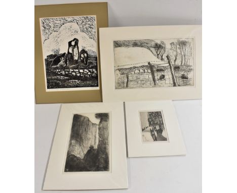 Joy Hillier (1927 - 2014), by and after, etchings, The Gorge, Welsh Lambs and Sheep, French Interior; another, lithograph (4)