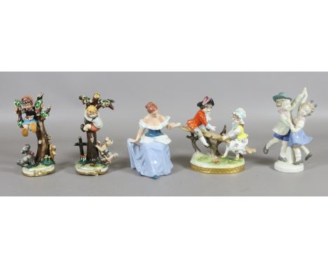 A collection of china figures comprising a Royal Dux model of a young girl, a pair of Capodimonte figures in Hummel style, a 