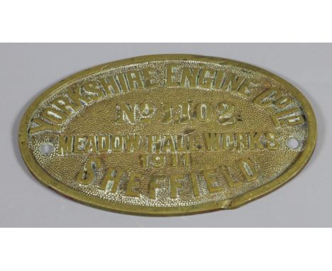 A brass railway plate Yorkshire Engine Co Ltd No.1102, Meadowhall Works, Sheffield 1911.
