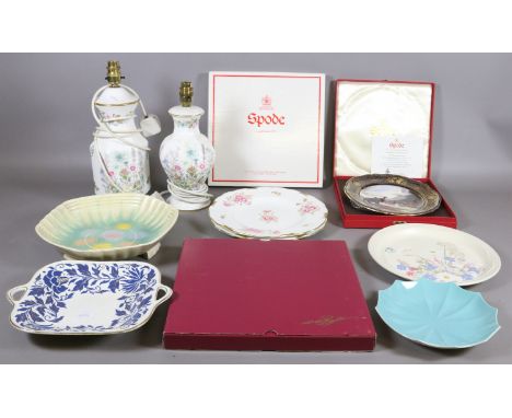 A collection of pottery and porcelain plates including boxed examples, Royal Crown Derby, Charlotte Rhead and Spode and two A