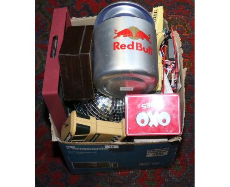 A box of miscellaneous items to include Oxo tin, model railway power unit by Hammant & Morgan Ltd, Scalextric items mixed cer