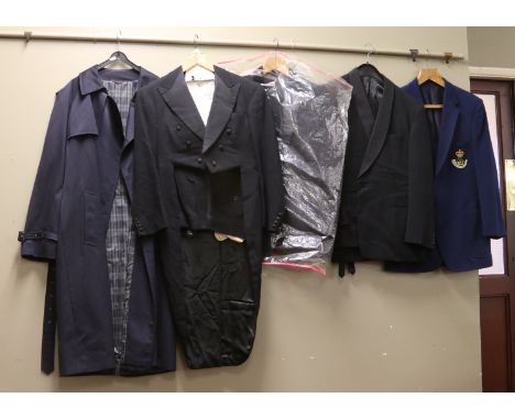 A collection of gentleman's vintage clothing including cut away jacket with tails and trousers, etc.
