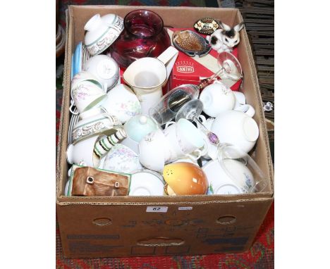 A box of mixed china, glass and collectables to include a Royal Albert part tea service, a Goebel figure and two pieces of st