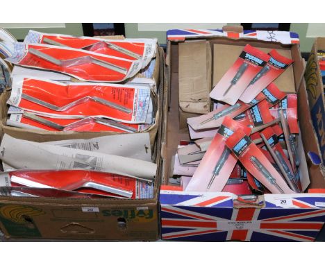 Two boxes of new and unopened line testing screw drivers and brick jointing trowels approximately 151 tools in total.