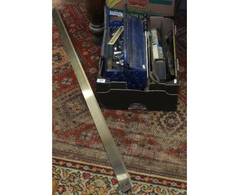 A box of old tools and a cantilever tool box with engineers spanners, sockets, torque wrench and a Rabone Chesterman stainles