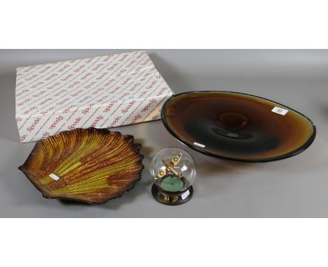 A studio art glass bowl and a scalloped shaped glass dish, along with a model of a spitfire and a boxed Spode casserole dish.