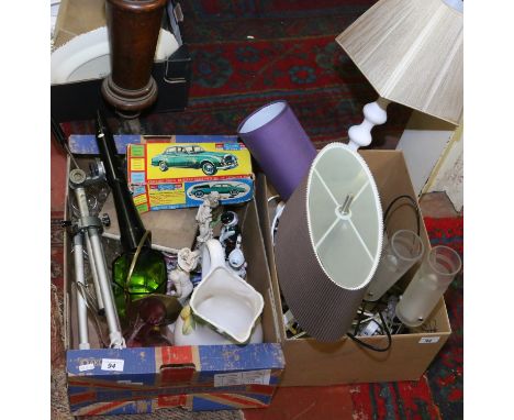 Two boxes of miscellaneous to include various tablelamps, a monoscope on tripod,  a stamp album, a green glass and brass lant