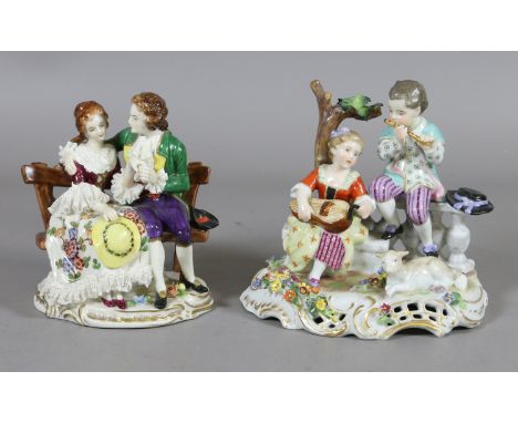 Two Continental china figure groups. One formed as a pastoral scene with child musicians and the other with a courting couple
