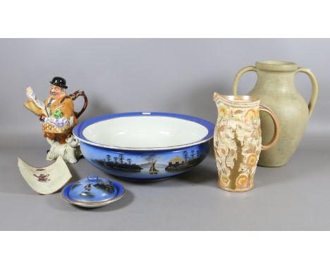 A large wash bowl decorated in the Oriental style along with a Histonia art pottery vase, a Woods Indian Tree water jug and a