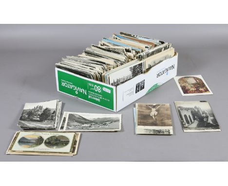 A box of vintage postcards to include European and British examples in black and white colour.