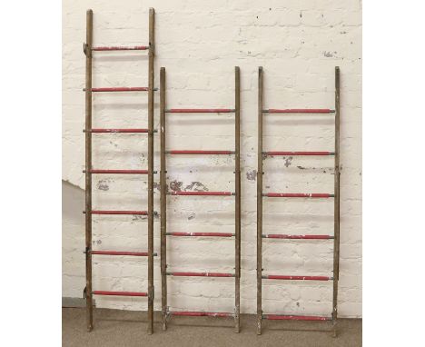 An old three sectional wooden extending ladder.