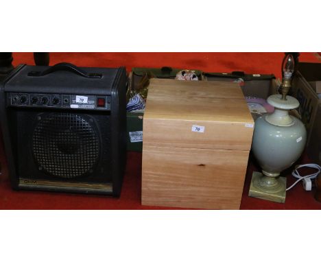 An OHM Tramp model lead amplifier along with a beech wood storage box and a baluster crackle glazed vase.