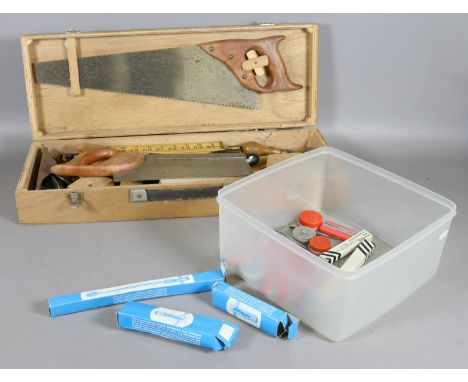 A joiners small wooden tool box and contents of tools to include mallet and chisels, Whitmore block plane, saws, hand drill a