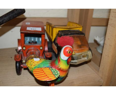 A tin plate cockerel and tin plate car and a model truck