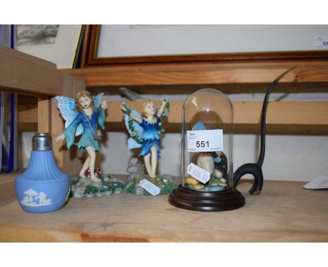 Mixed Lot: Model of a Kingfisher in glass dome, small Jasper ware salt and a pair of modelled fairies