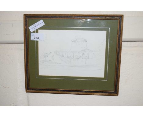 Pencil sketch of a castle initialled CEB, framed and glazed