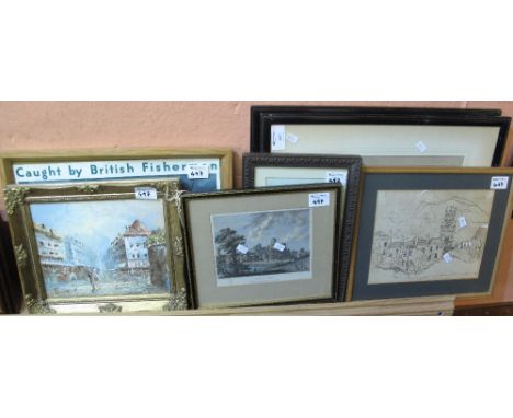 Group of topographical and other furnishing pictures, also including 'Caught by British Fishermen' 'Eat More Fish', a coloure